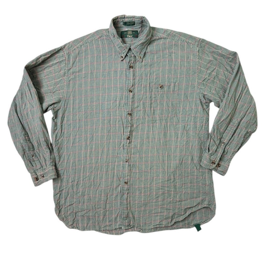 Orvis Men Button Down L/S Shirt Large Green Plaid Gingham Check Cotton VTG‎